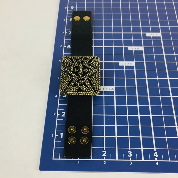 Black Faux Leather Bracelet Antiqued Gold Buckle - Picture 7 of 7